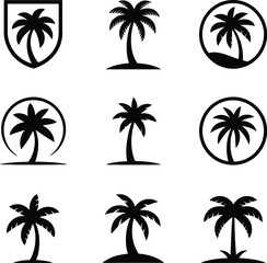 Collection of stylized black palm tree icons on white background