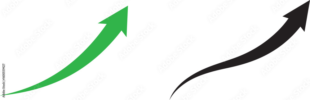 Poster two curved arrows pointing upwards one green and one black isolated on transparent background