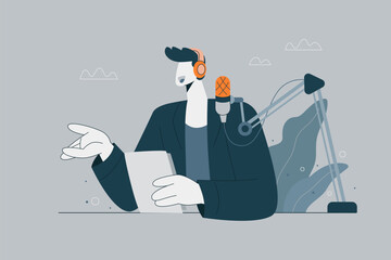 A male podcast host speaking into a microphone while wearing headphones during a live broadcast. Concept of podcasting, content creation, and online media. Flat vector design illustration.