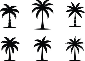 Collection of six silhouetted palm trees on a white background