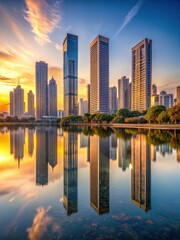 Obraz premium Towering skyscrapers reflected in a calm urban lake at sunset