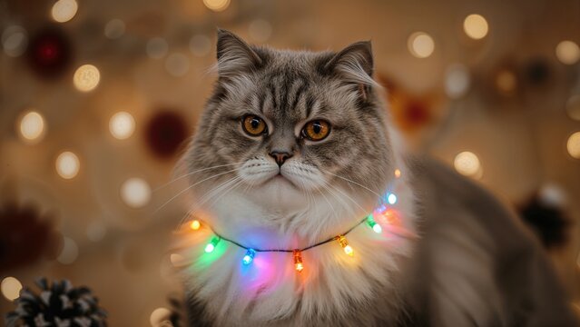 Cute cat with folded ears illuminated by holiday string lights against a blurred setting