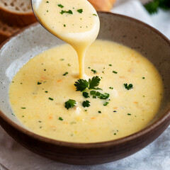 Close-up of a bowl of creamy cheese soup garnished with chopped parsley