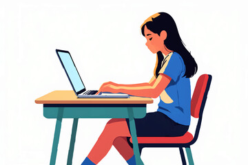 Young woman working on a laptop at a clean desk in a modern, minimalist office

