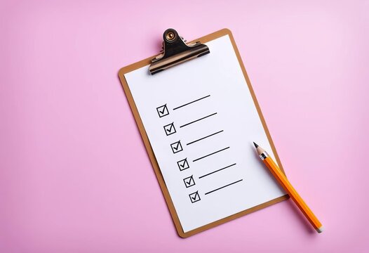 Flat lay of clipboard with checklist, pencil icon, efficiency, reminder