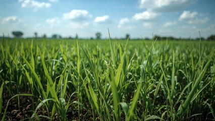 Obraz premium Green Rice Shoots Emerging from Soil