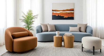 Modern living room interior design featuring a curved light blue sofa beige cushions a burnt orange armchair a fluffy off white ottoman and two light wood side tables an
