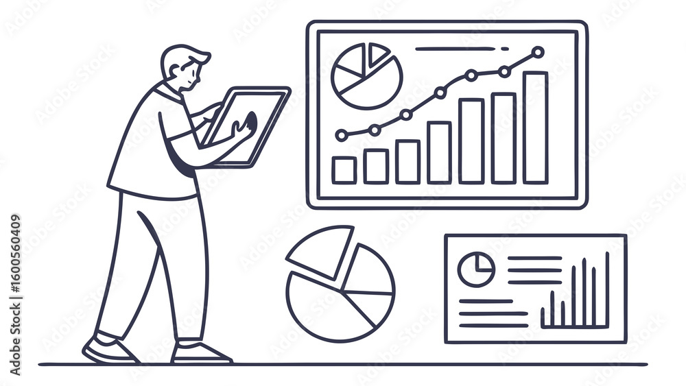 Aufkleber man analyzing data charts and graphs on a tablet, with pie charts and bar graphs displayed around hi
