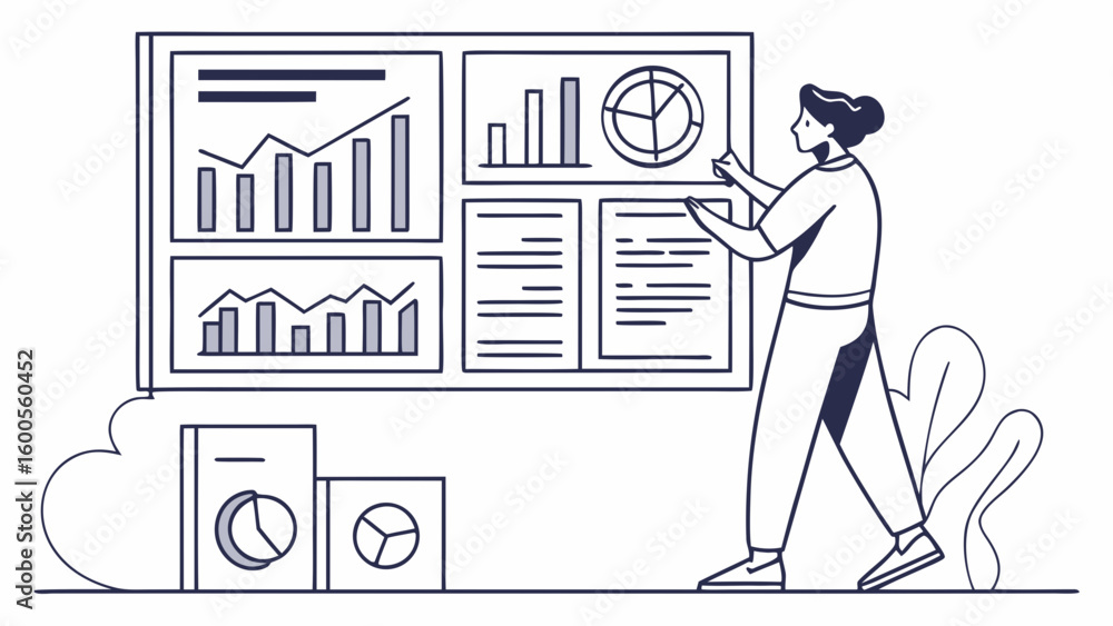 Aufkleber woman interacting with a dashboard displaying various charts and data representations in a line art 