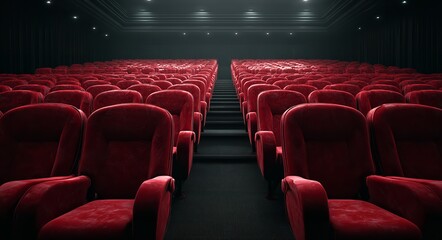 A cinema hall with red velvet armchairs, a black background, and high-resolution, ultra-realistic photography, Generative AI.