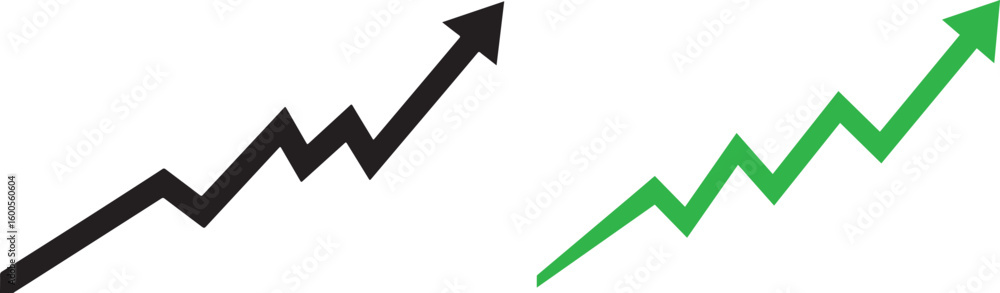Poster two upward trending jagged line graphs with arrows isolated on transparent background