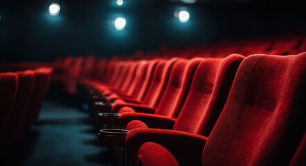 A cinema hall with red velvet armchairs, a black background, and high-resolution, ultra-realistic photography, Generative AI.