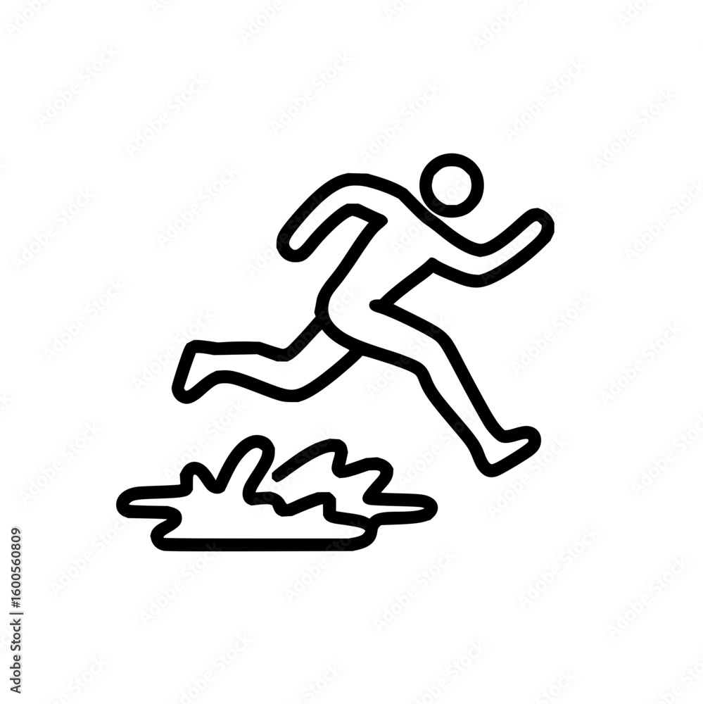 Poster stick figure running through a puddle with splashes in a simple black line drawing on a white backgr