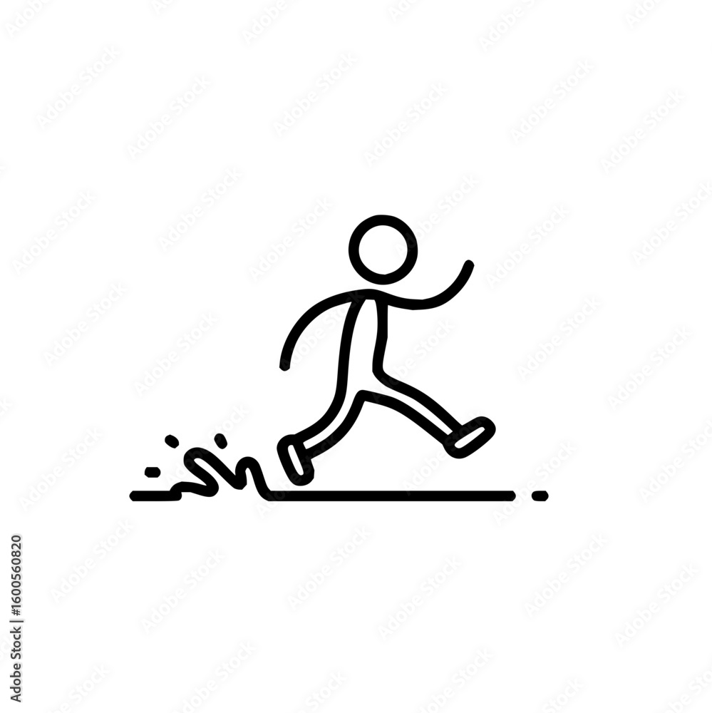 Poster stick figure jumping over a puddle with splashing water in a minimalist black and white line drawing