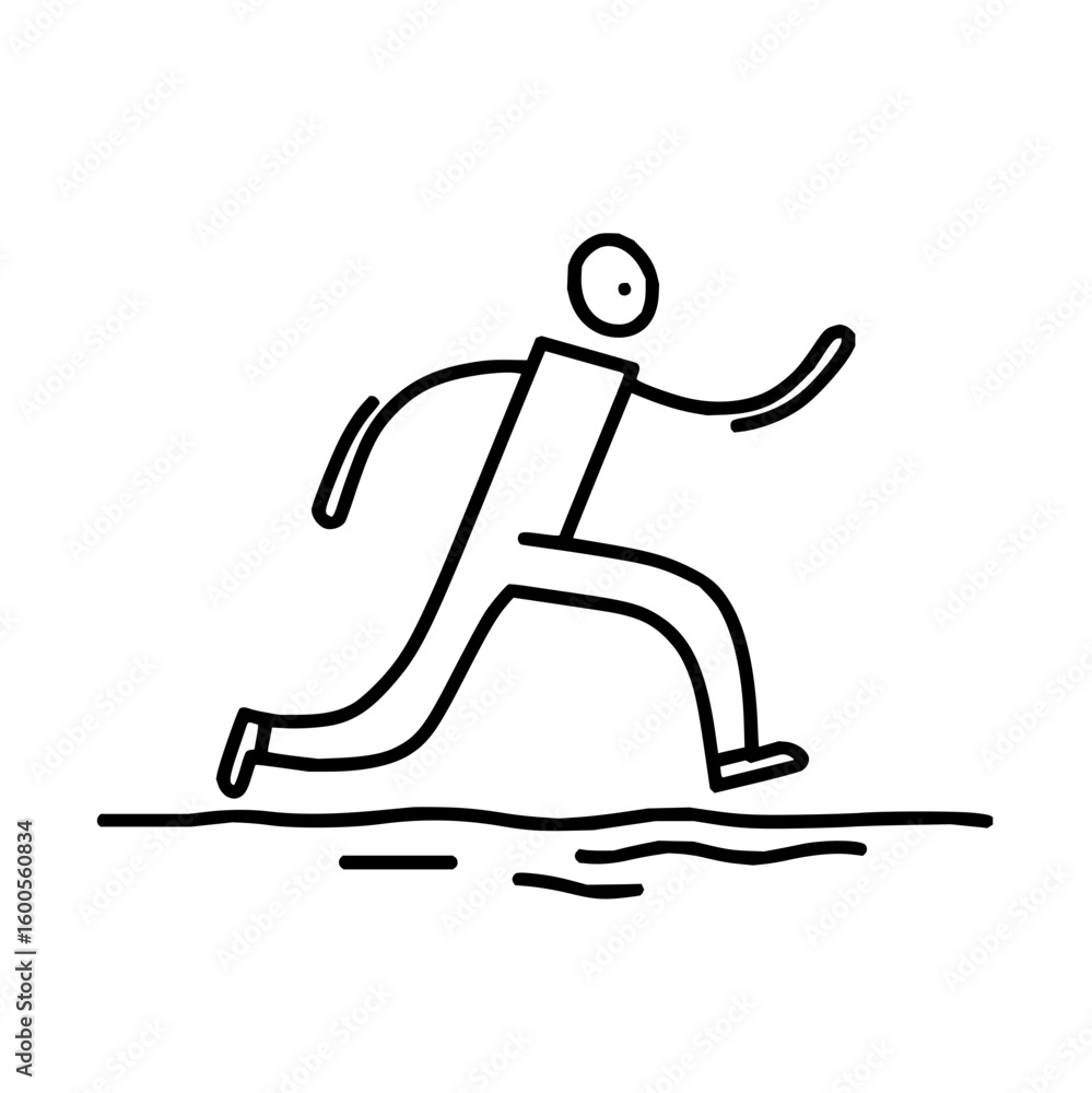 Poster outline drawing of a person running or jumping over a puddle of water on a white background vector a