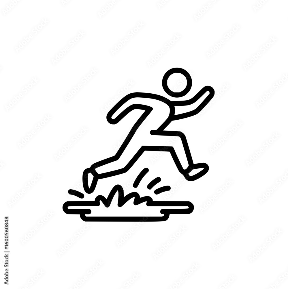 Aufkleber stick figure running and splashing through a puddle of water in a simple black and white line drawin