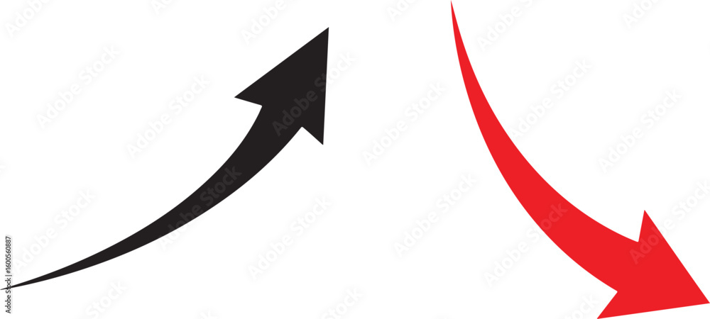 Poster two curved arrows one black pointing up and one red pointing down isolated on transparent background