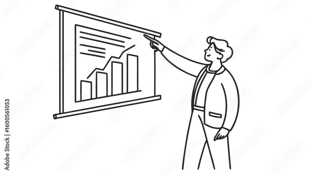 Aufkleber person presenting bar chart and line graph on a presentation board in a line art style design drawin
