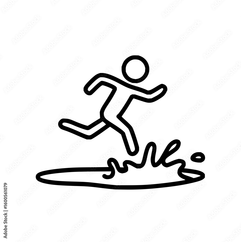 Poster a simple line drawing of a person running or jumping over a puddle on a white isolated background sc