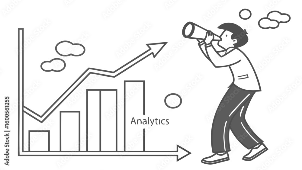 Aufkleber man looking through telescope at analytics chart with upward trend and cloud icons in background
