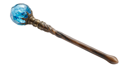 Decorative fantasy mage staff with luminous topaz blue gem and authentic wooden handle design on transparent background