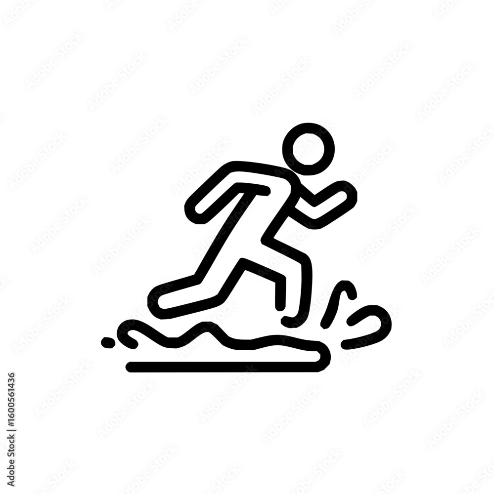Poster outline illustration of a person running or jumping over a puddle with splashing water in black and 