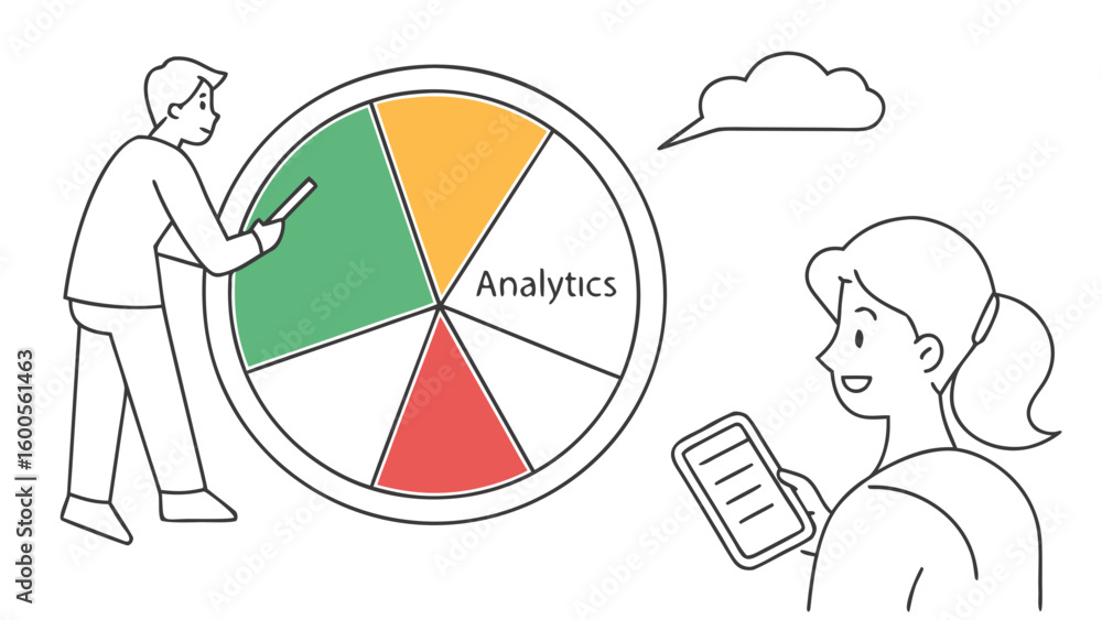 Aufkleber people analyzing a colorful pie chart with analytics label and cloud communication bubble above it