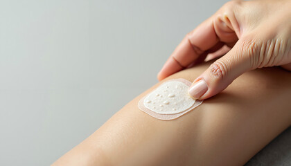 Hand applying a pain-relief patch onto knee in minimalistic style  