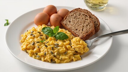 Scrambled eggs topped with sunflower and pumpkin seeds, accompanied by fresh eggs and whole grain bread, served with a fork and garnished with basil on a white surface