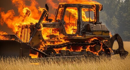 Burning Bulldozer in Field - A bulldozer engulfed in flames in a dry field, intense fire consuming the vehicle