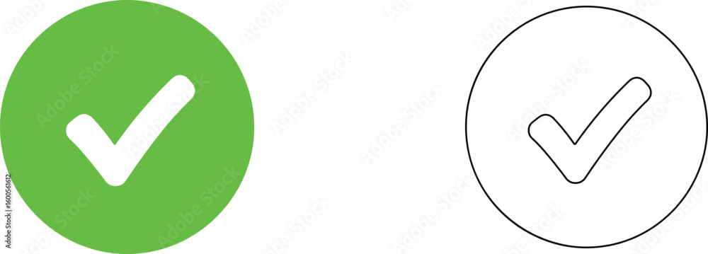 Poster green check mark symbol in a circle next to a sketch of a check mark in a circle isolated on transpa