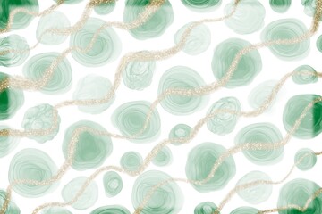 抽象バナー。白背景に緑のアルコールインクアートの水玉と金色ラメのラフな斜めストライプ