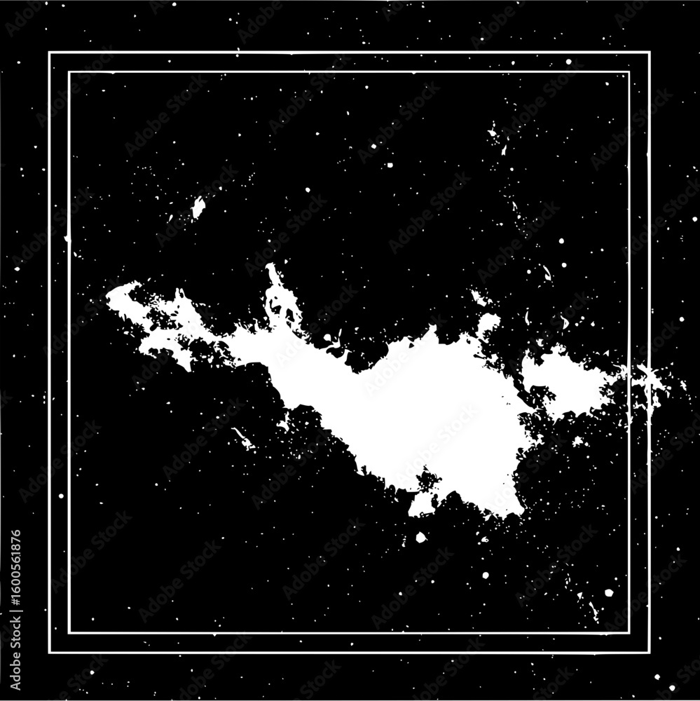 Poster abstract black and white square shape featuring a textured and speckled pattern on a white backgroun