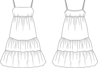 Cad drawing flat vector illustration of women's summer dress, sleeveless with spaghetti straps, tiered ruffle hem, front and back view, casual fashion design template

