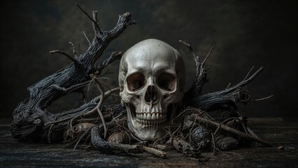 Still life composition featuring a human skull surrounded by dried branches and twigs on a rustic wooden surface with dramatic lighting
