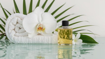 Arrangement of a white orchid alongside a towel and bath essence bottle