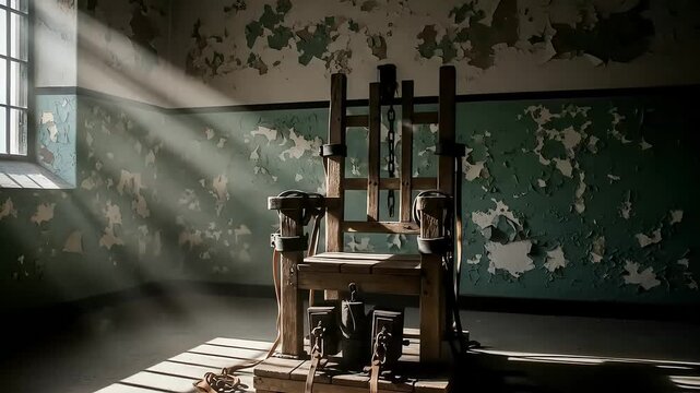 Creepy Abandoned Execution Chamber with Electric Chair Sunlight and Peeling Paint.