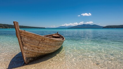Obraz premium Rear part of traditional wooden clinker craft on foreshore beside bay with iconic shape afar