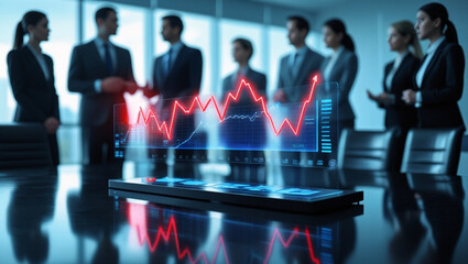 Holographic Financial Charts Displaying Market Trends in a High-Tech Corporate Environment.