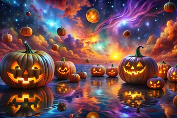 Glowing carved halloween pumpkins float on the water reflecting a vibrant colorful and surreal sky filled with clouds and stars