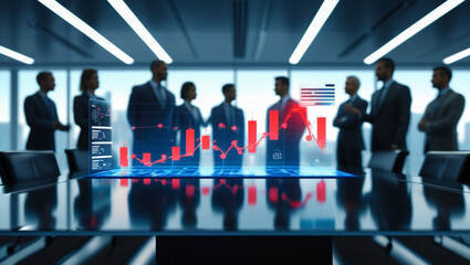 Holographic Financial Charts Displaying Market Trends in a High-Tech Corporate Environment.