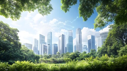 Fototapeta premium City skyline seen through green foliage under a bright blue cloudy sky.