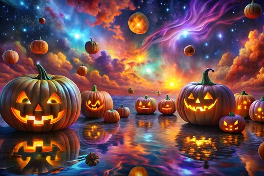 Glowing carved halloween pumpkins float on the water reflecting a vibrant colorful and surreal sky filled with clouds and stars