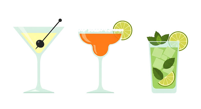 Illustrative collection of classic cocktails Martini Margarita and Mojito flat vector design