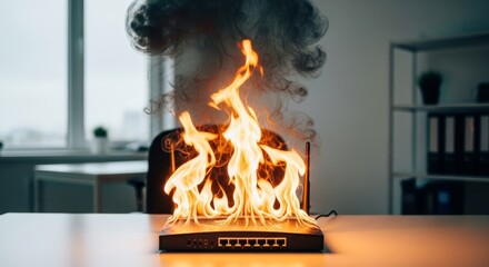 Fototapeta premium Burning Router Network Failure - A router engulfed in flames on a desk, signifying network failure and technological malfunction