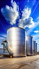 Obraz premium Industrial steel storage tank with metallic surface under a clear blue sky and white clouds