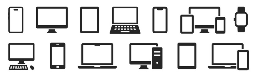 Device icons set. Smartphone, laptop, desktop computer, tablet, smartwatch, mobile phone, keyboard and mouse - stock vector.