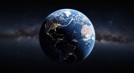 Fototapeta premium Earth viewed from space reveals gleaming city lights amid a backdrop of twinkling stars