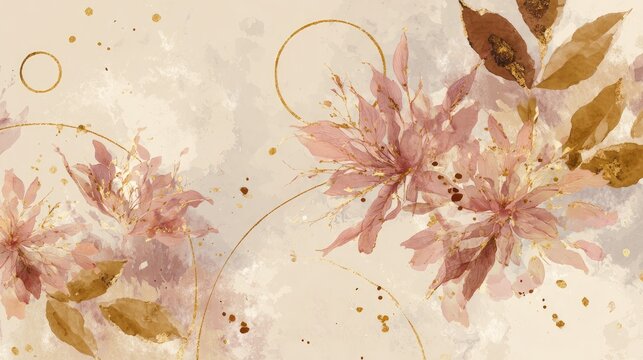 Watercolor Pink and Brown Flowers with Gold Accents on Beige Background