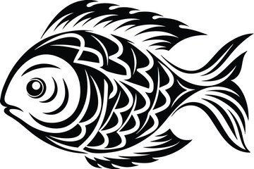 Stylized black and white fish illustration displays bold, tribal inspired lines and forms